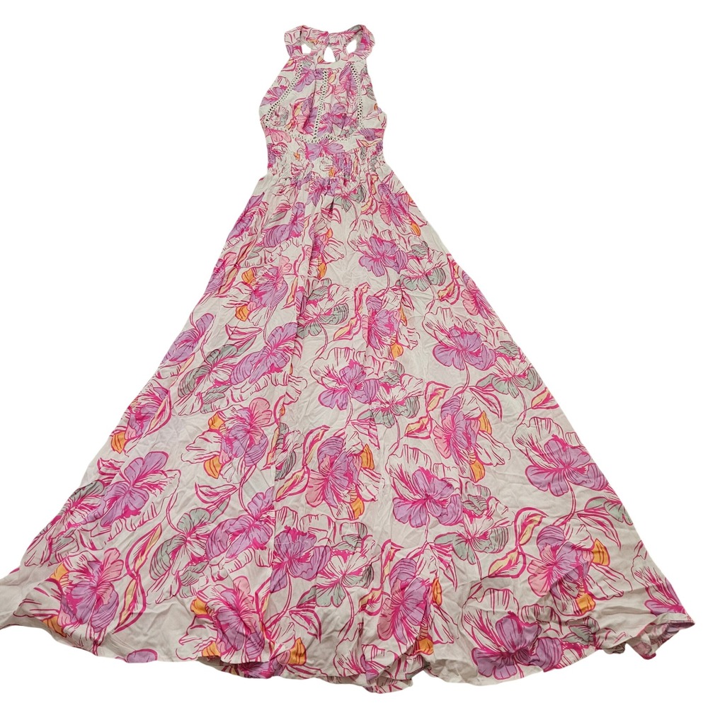 Abel the Label Pink Tropical Beachy Floral Halter Smocked Waist Maxi Dress Sz M